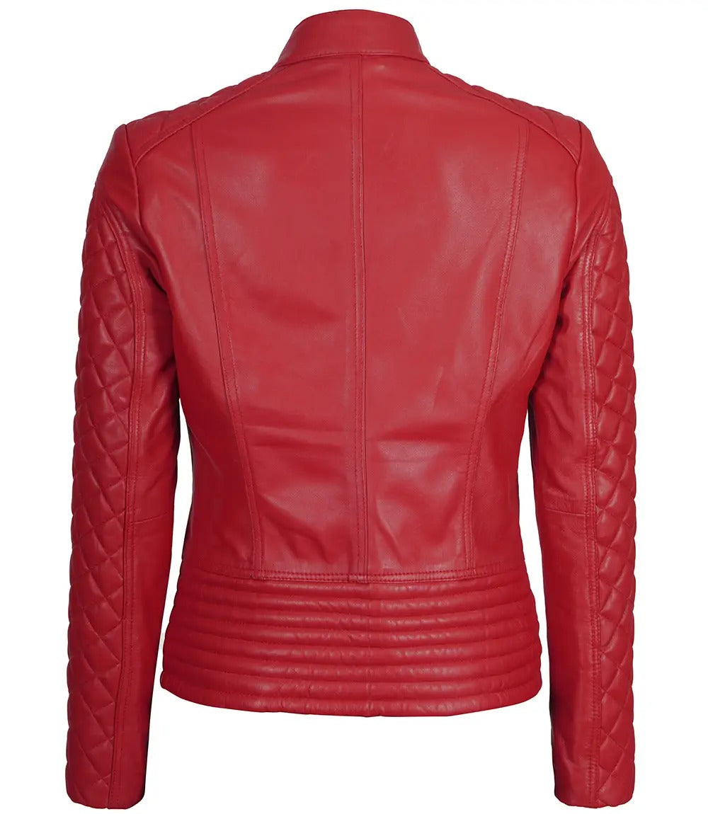 Avanzar Leather Women's Red Quilted Sleeves Cafe Racer Leather Jacket