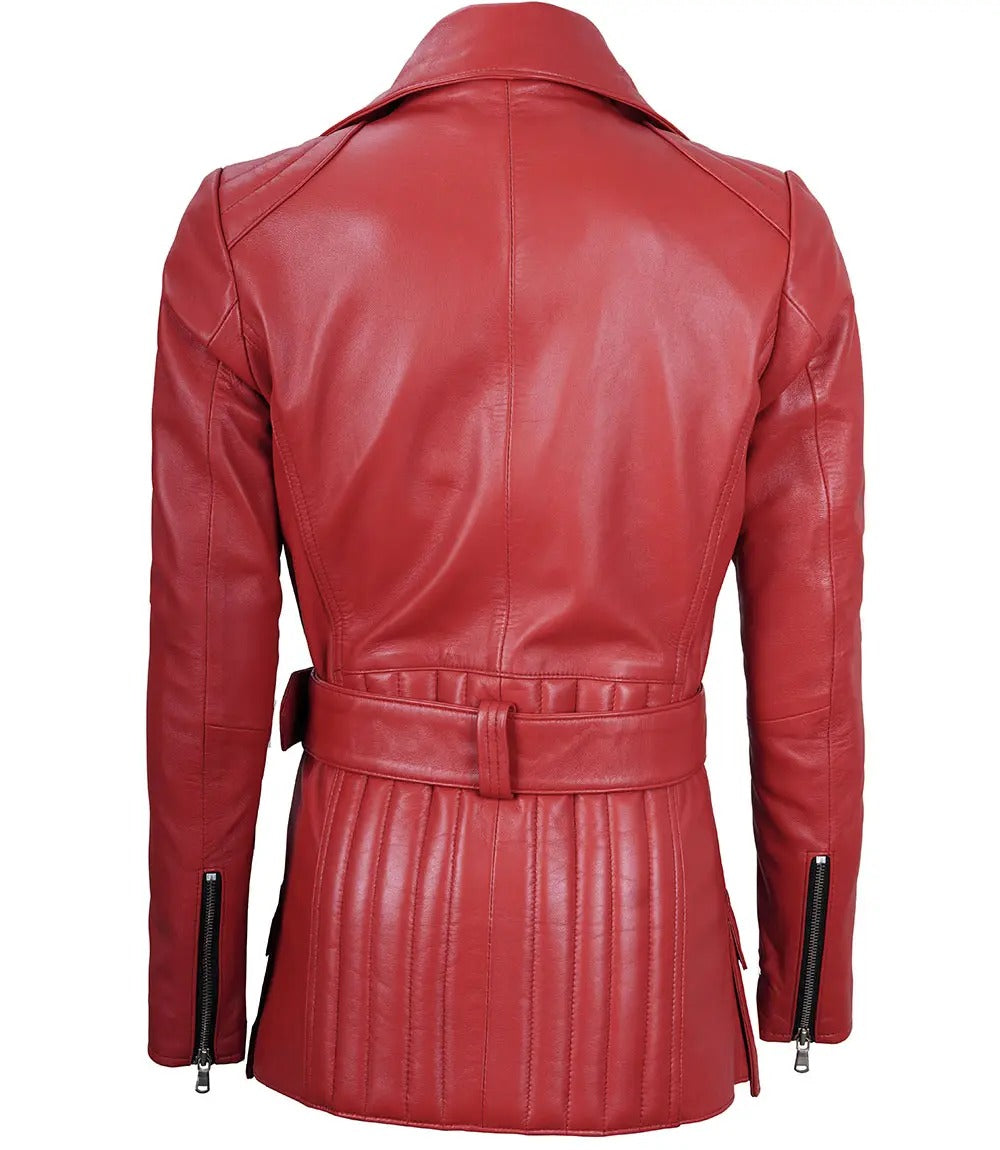 Avanzar Leather Women's Asymmetrical Red Belted Leather Jacket