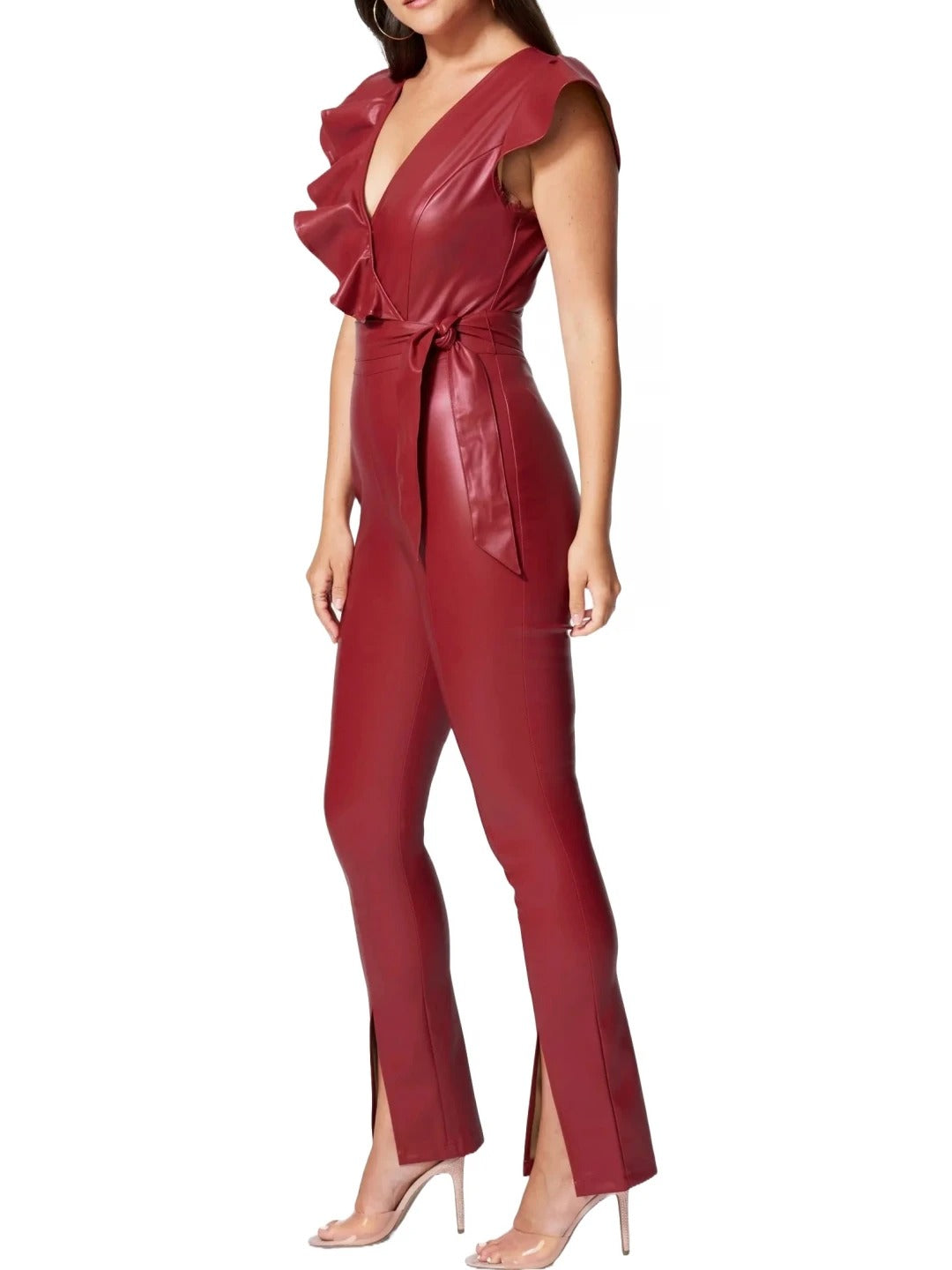 Avanzar Leather Red Leather Ruffle Jumpsuit