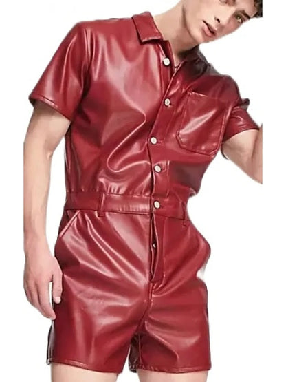 Avanzar Leather Men's Red Leather Short Jumpsuit