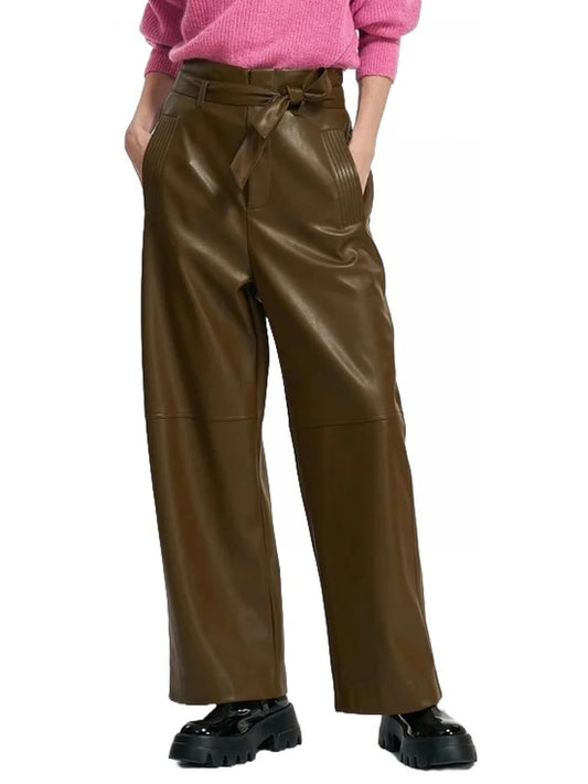 Relaxed Fit Brown Leather Pants with Belt – Comfortable & Stylish Trousers