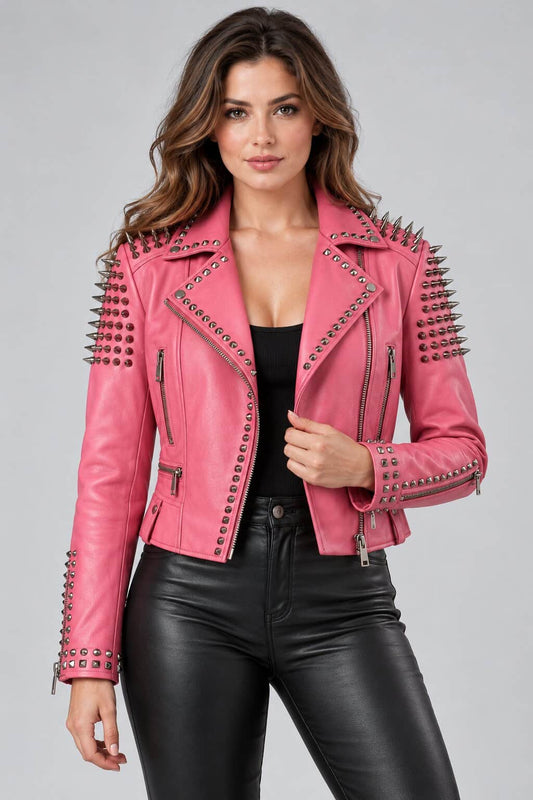 Women's Bubblegum Pink Studded Spike Leather Moto Jacket