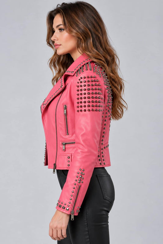 Women's Bubblegum Pink Studded Spike Leather Moto Jacket
