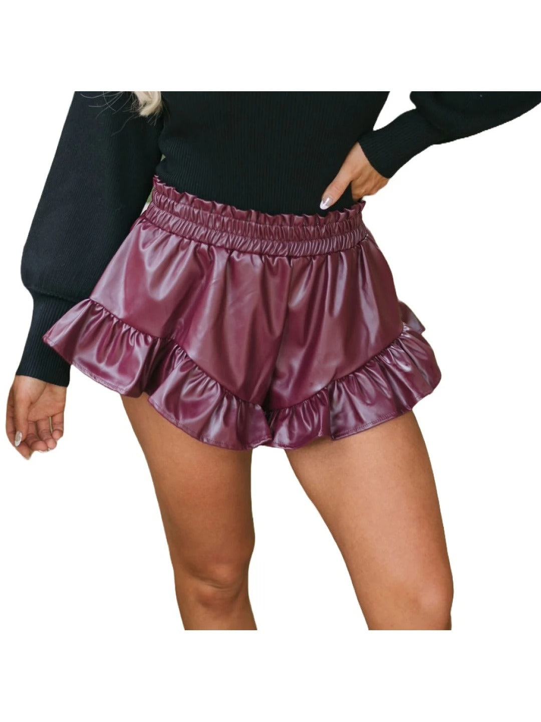 Women’s Purple Leather Shorts with Ruffled Hem – Stylish and Unique