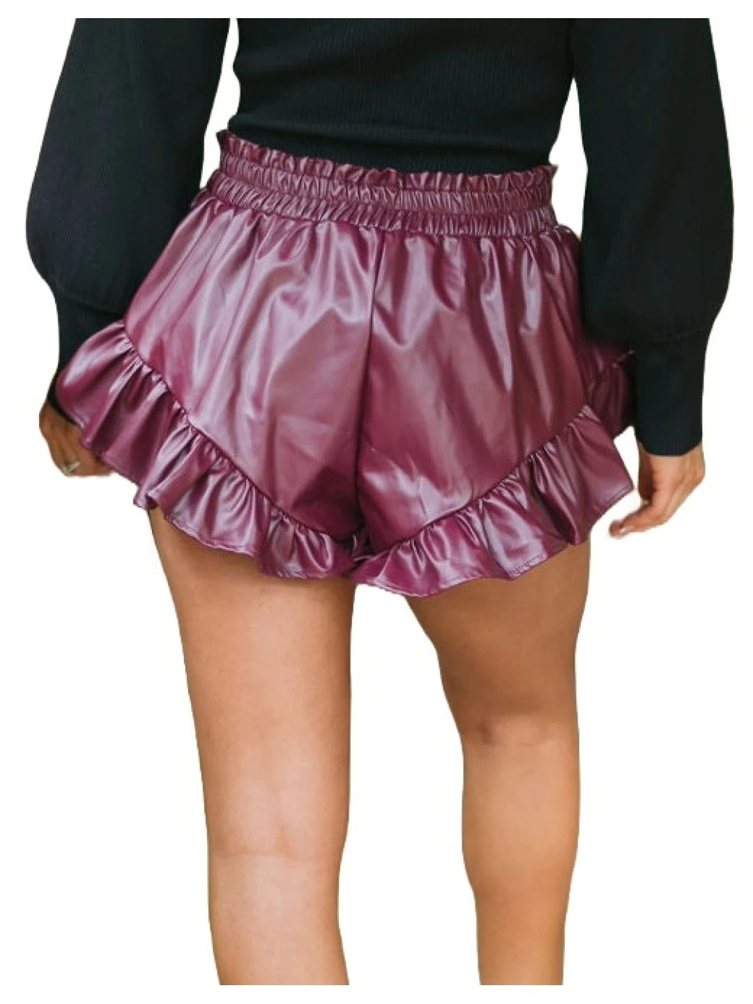 Women’s Purple Leather Shorts with Ruffled Hem – Stylish and Unique