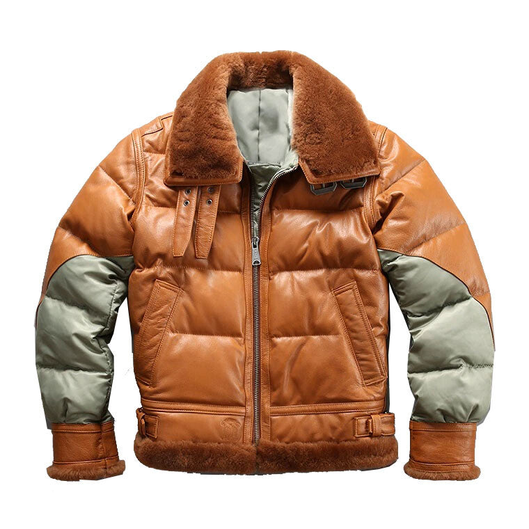 Men's brown sheepskin leather puffer bomber with fur collar