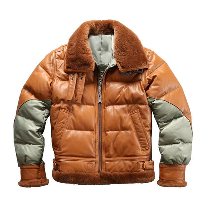 Men's brown sheepskin leather puffer bomber with fur collar