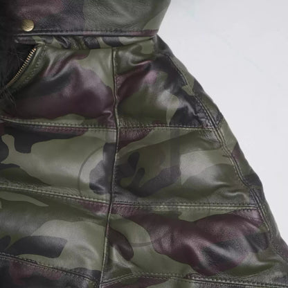 Olive green leather V-bomber with fur collar