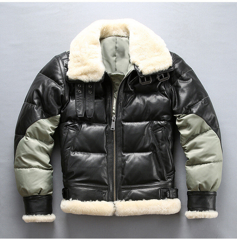 Men's black sheepskin leather puffer bomber with white fur collar