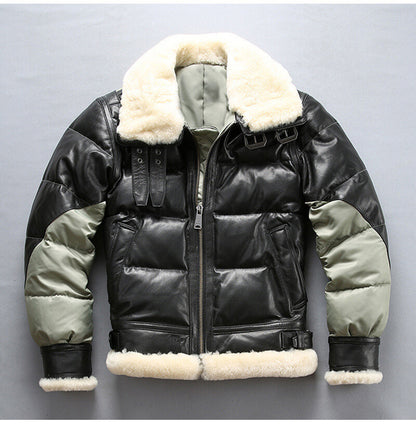 Men's black sheepskin leather puffer bomber with white fur collar