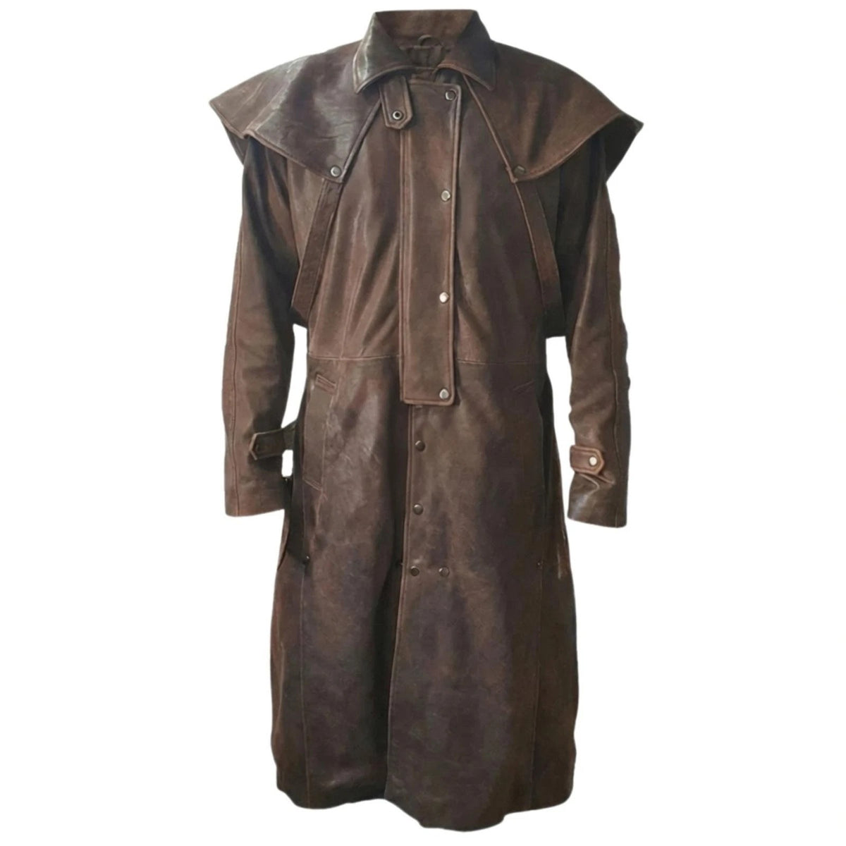 Men's brown distressed lambskin duster with cape collar