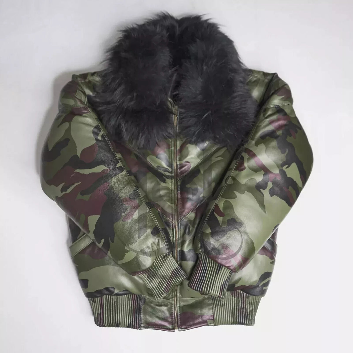 Men's camo leather V-bomber jacket with fur collar