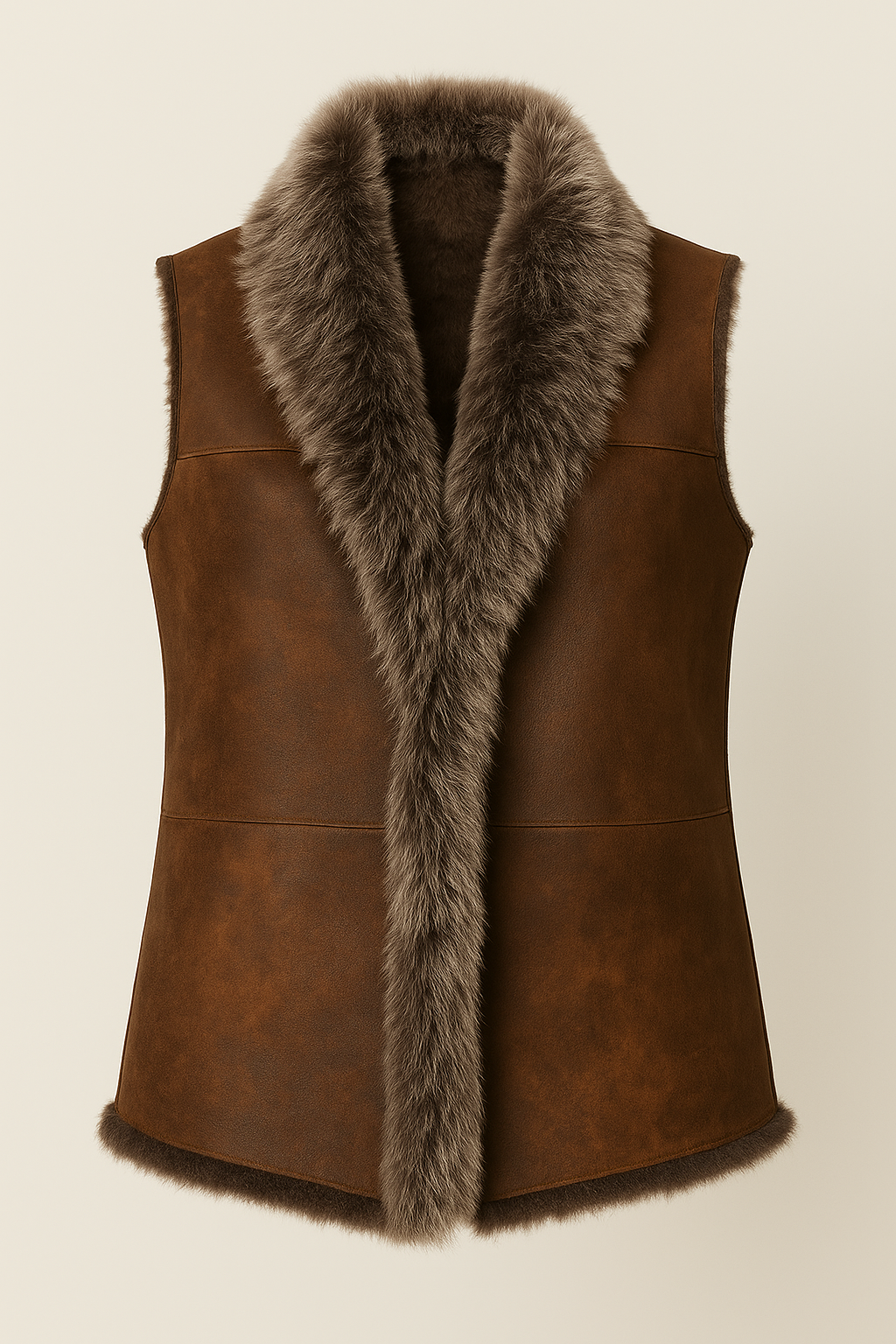 Women's antique frost sheepskin shearling gilet, front view