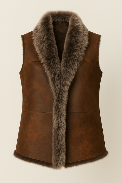 Women's antique frost sheepskin shearling gilet, front view