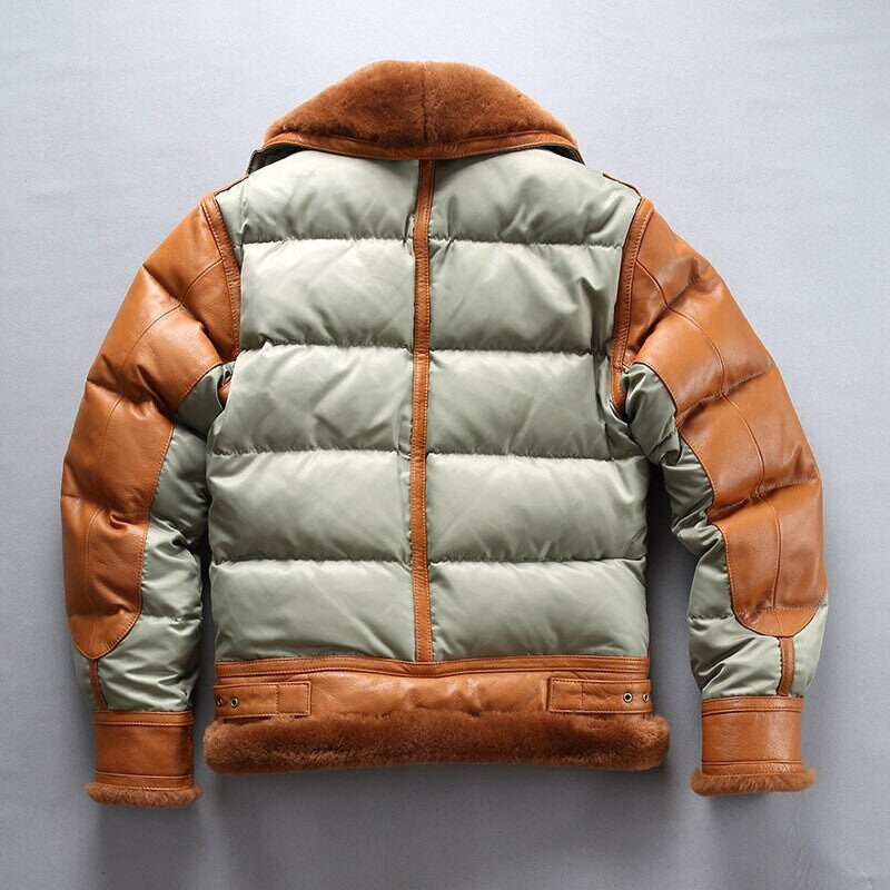 Quilted panels and tan collar on sheepskin puffer bomber