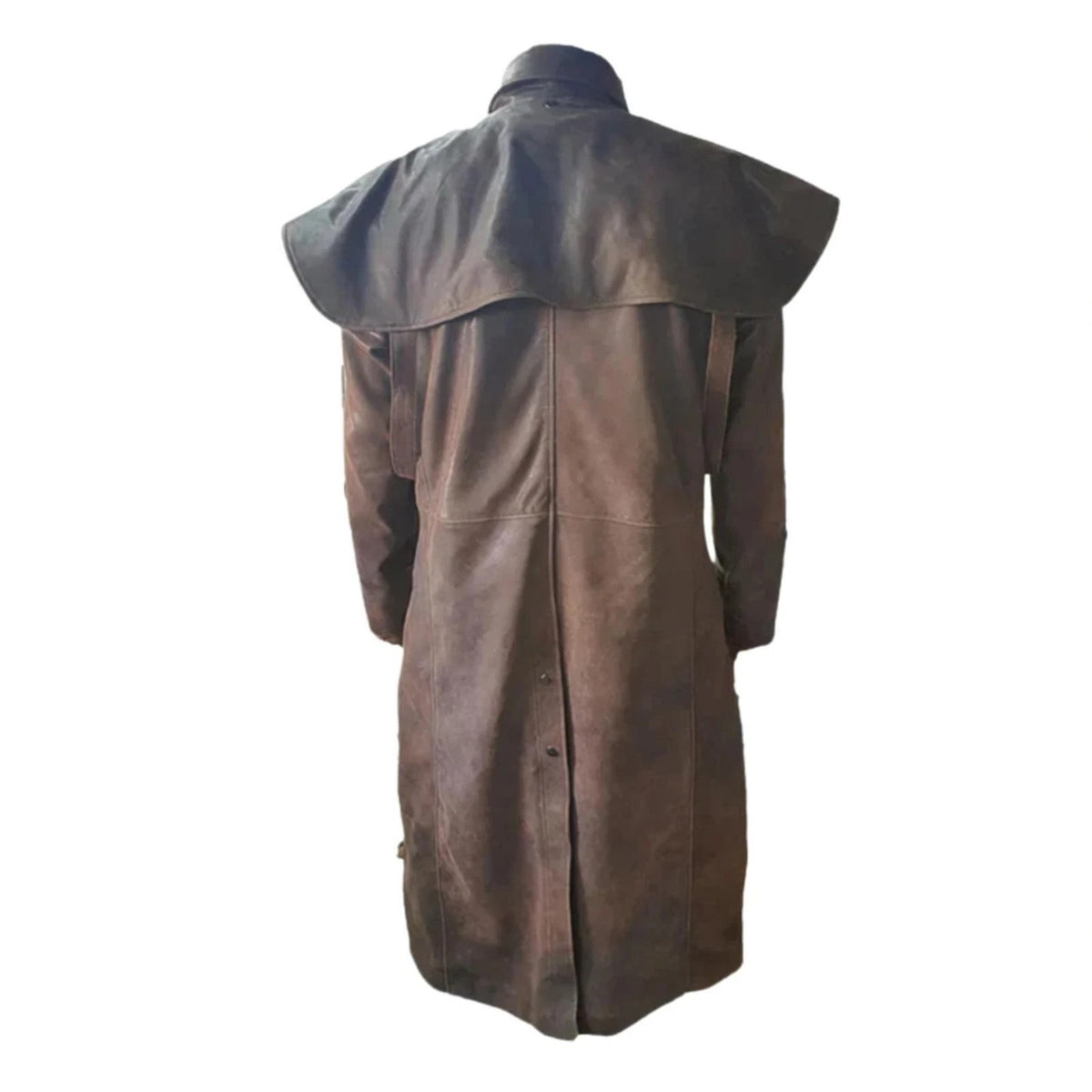 Wide cape collar on men's brown leather duster