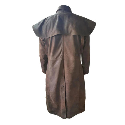 Wide cape collar on men's brown leather duster