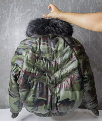 Camo and olive leather V-bomber puffer front view