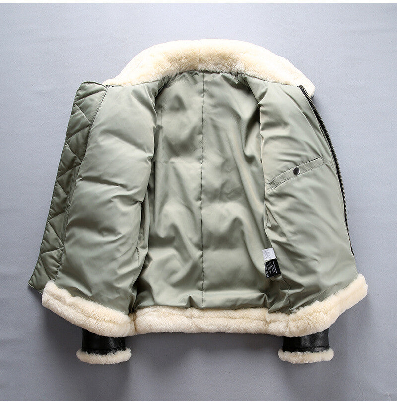 Cream fur collar and zipped pockets on leather puffer bomber
