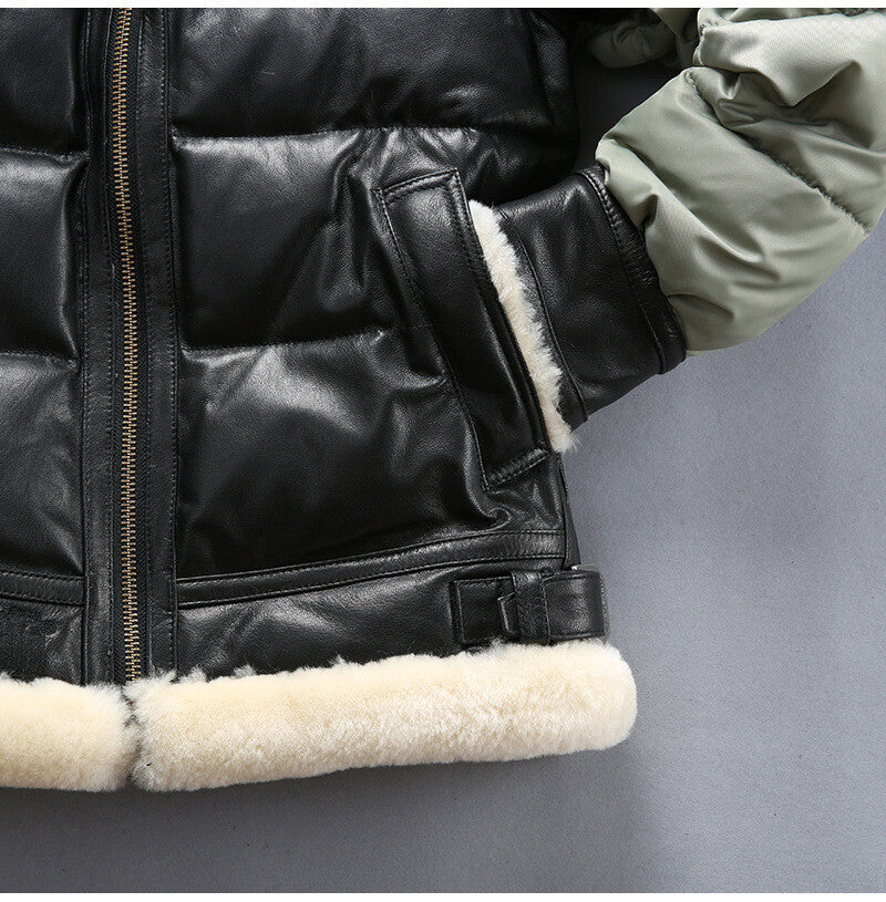 Black leather puffer bomber with cream collar and sleeve trim