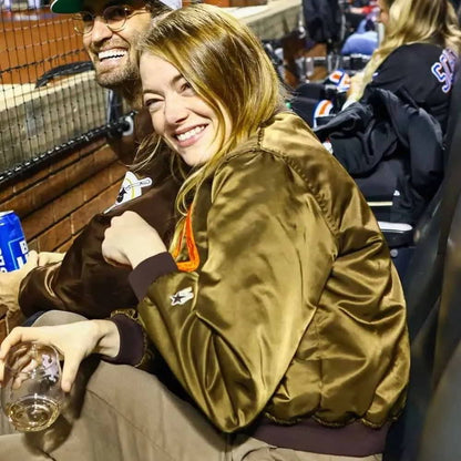 Emma Stone San Diego Padres Brown Satin Bomber Jacket