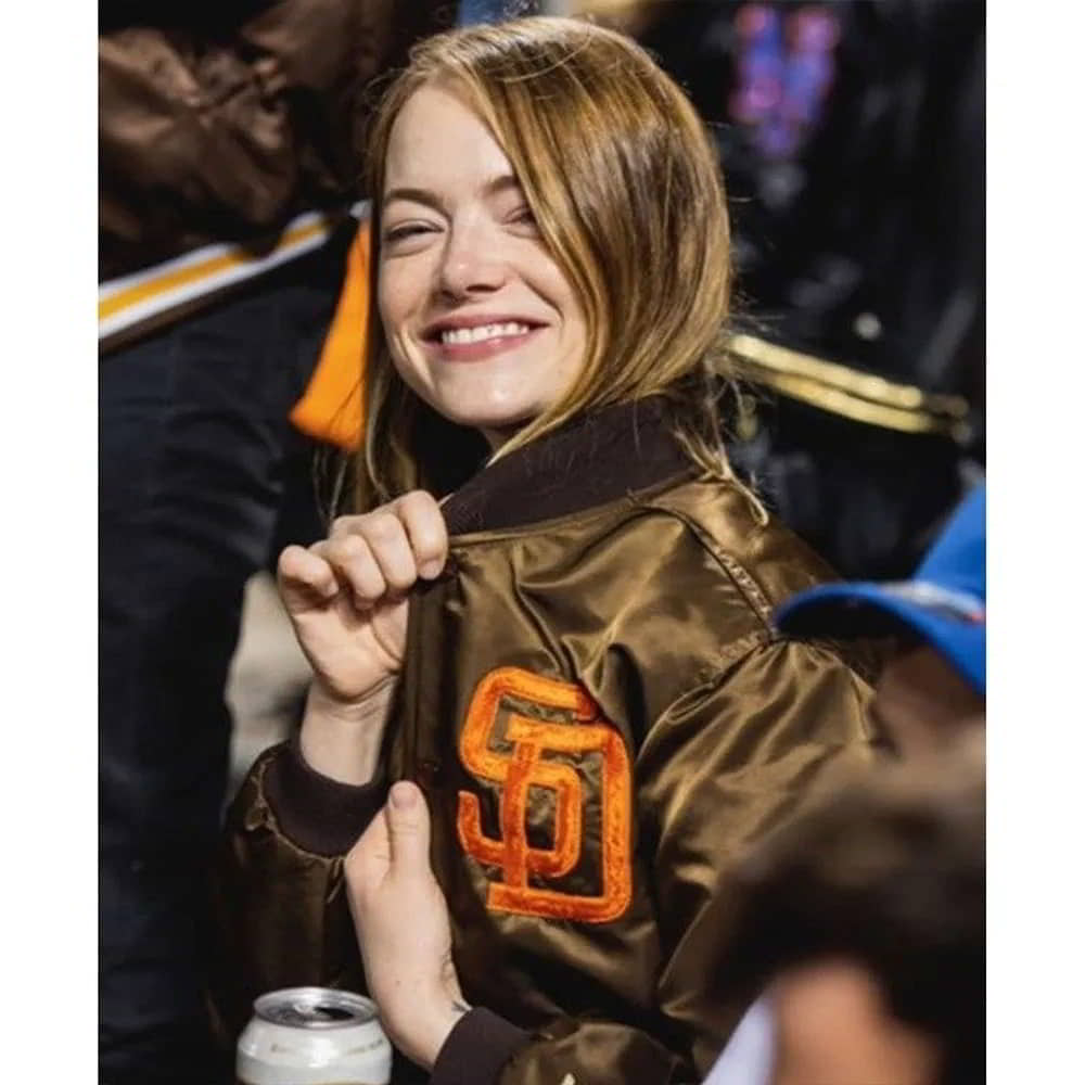 Emma Stone San Diego Padres Brown Satin Bomber Jacket