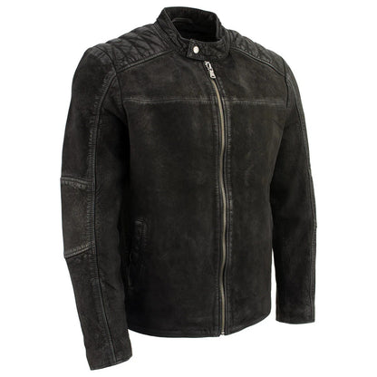 Men’s Black Nubuck Leather Moto-Style Zipper Jacket