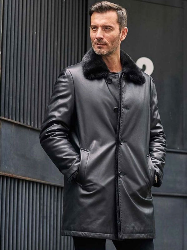 Mink Fur Coat Long Fur Outerwear Black Leather Overcoat