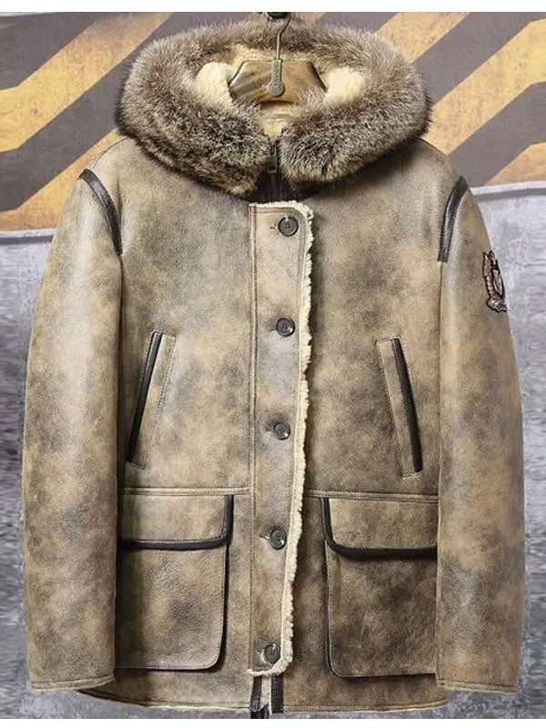 Men's Hooded Shearling Collar Leather Bomber Jacket