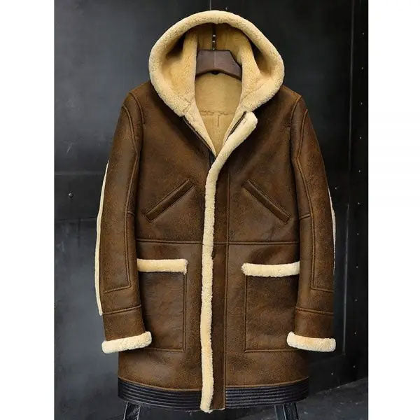 Men's Hooded Sheepskin Leather Fur Winter Coat