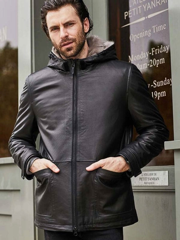 Men's Black Leather Fur Hooded Winter Overcoat