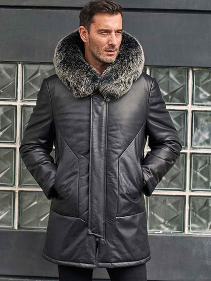 Leather Down Jacket with Fox Fur Collar Hooded Winter Overcoat Long Warm Outerwear