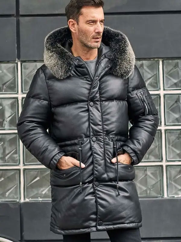 Leather Jacket With Fur Collar Long Winter Coat Hooded Warm Overcoat