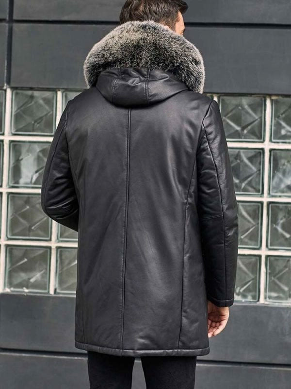 Leather Down Jacket with Fox Fur Collar Hooded Winter Overcoat Long Warm Outerwear