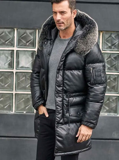 Leather Jacket With Fur Collar Long Winter Coat Hooded Warm Overcoat