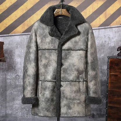 Men's Premium Hunting Leather Shearling Bomber Trench Coat