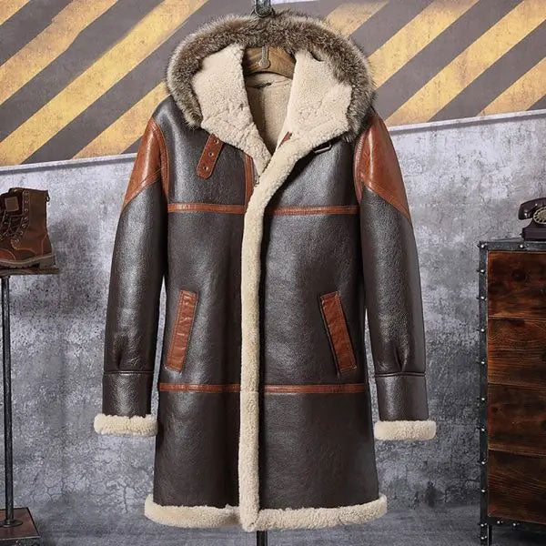 Men's Hooded Bomber Shearling Leather Trench Coat