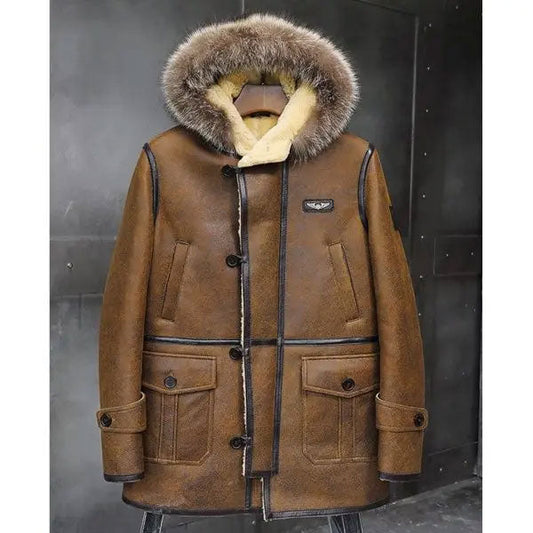 Men's Bomber Hooded Mink Fur Shearling Leather Long Jacket