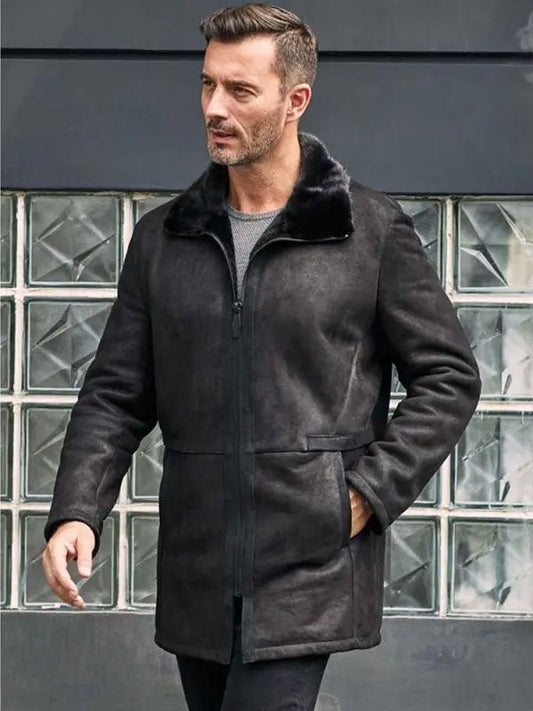 Men's Black Mink Fur Shearling Leather Overcoat with Lapels