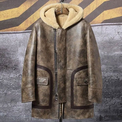 Men's Long Hooded Sheepskin Leather Winter Coat