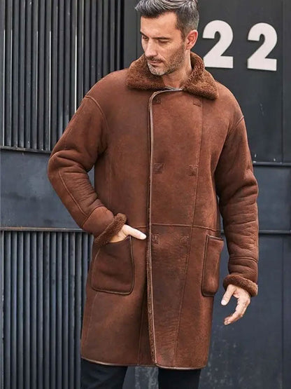 Winter Brown Fur Leather Long Trench Overcoat