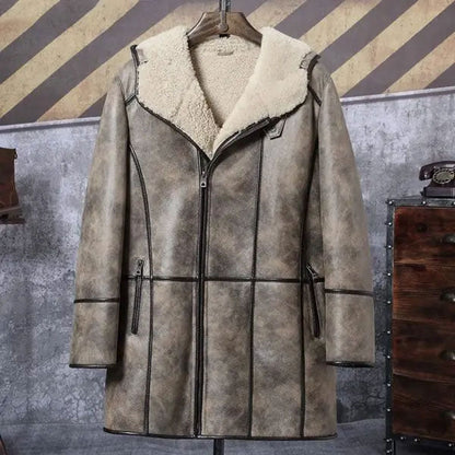 Men's Hooded Shearling Bomber Leather Long Winter Trench Coat