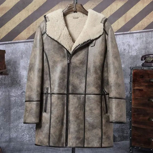 Men's Hooded Shearling Bomber Leather Long Winter Trench Coat