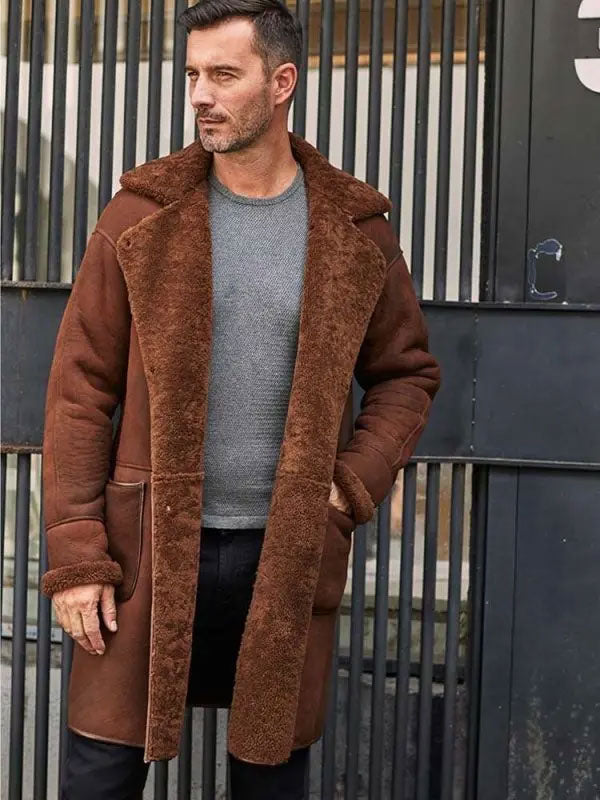 Winter Brown Fur Leather Long Trench Overcoat