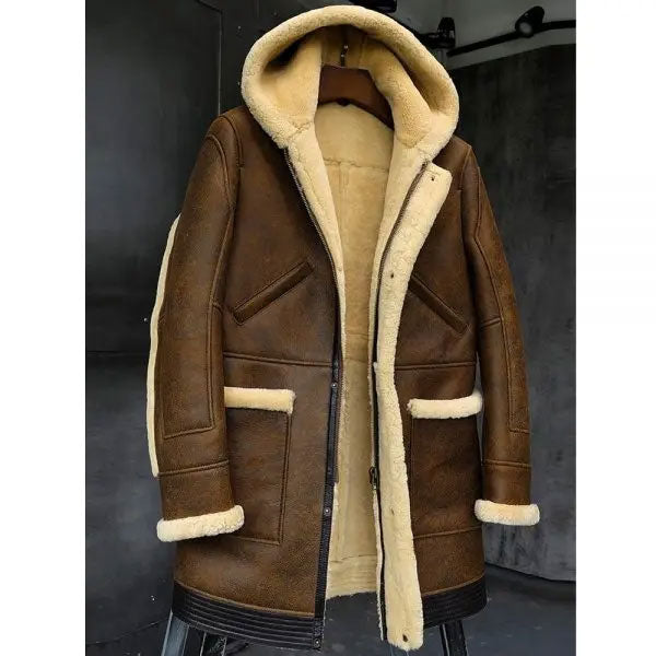 Men's Hooded Sheepskin Leather Fur Winter Coat