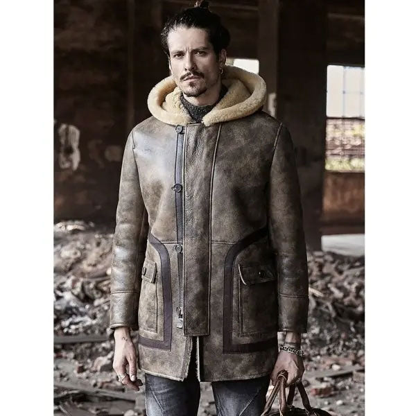 Men's Long Hooded Sheepskin Leather Winter Coat