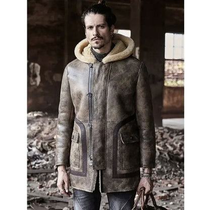 Men's Long Hooded Sheepskin Leather Winter Coat