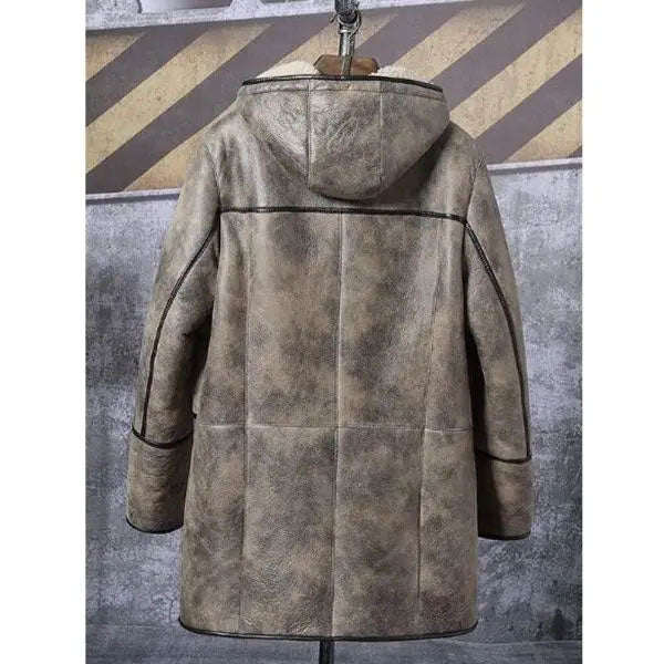 Men's Hooded Shearling Bomber Leather Long Winter Trench Coat