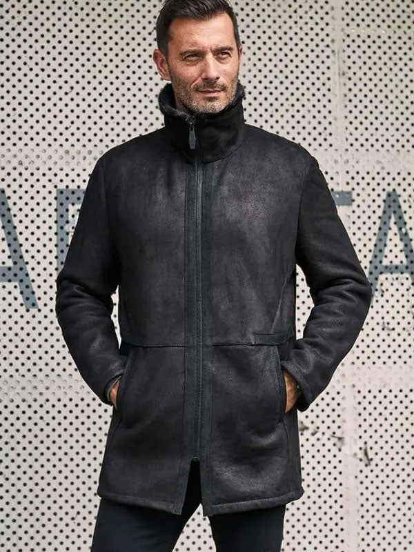 Men's Black Mink Fur Shearling Leather Overcoat with Lapels