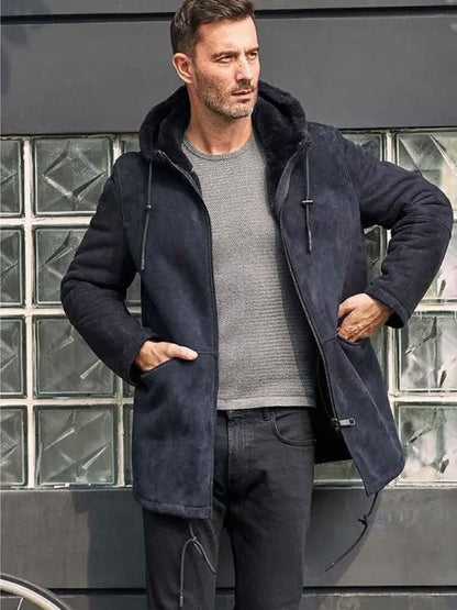 Leather Jacket Warm Wool Overcoat with Hooded Sheepskin Parkas